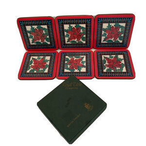 Royal Table Set of 6 Coasters Poinsettia Holiday Satin Finish Cork Backed 4" Sq